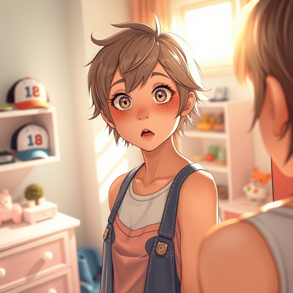 A girl with short, styled hair and bright expressive eyes, exhibiting a mix of shock and curiosity, standing in a softly lit room filled with pastel colors