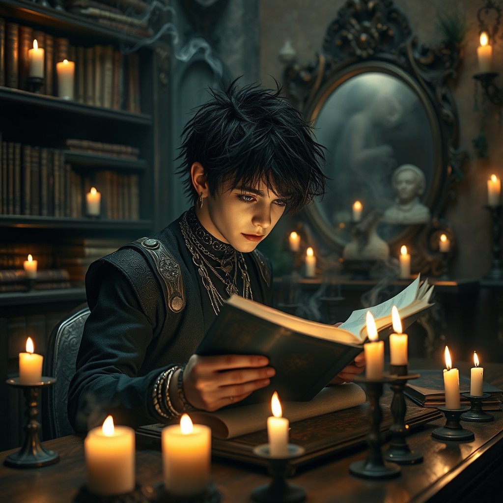 A goth boy with dark, tousled hair and piercings, deeply engrossed in reading a mystical spellbook in a candlelit bedroom
