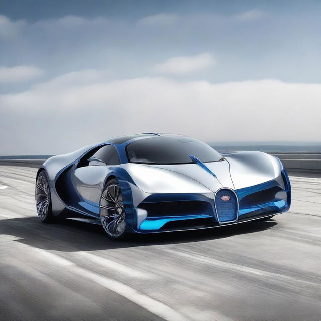 A fighter plane designed with Bugatti's sleek and stylish aesthetic, possessing aerodynamic lines, polished silvery exterior, blue accents, racing stripes, and Bugatti's trademark grille on the nose.