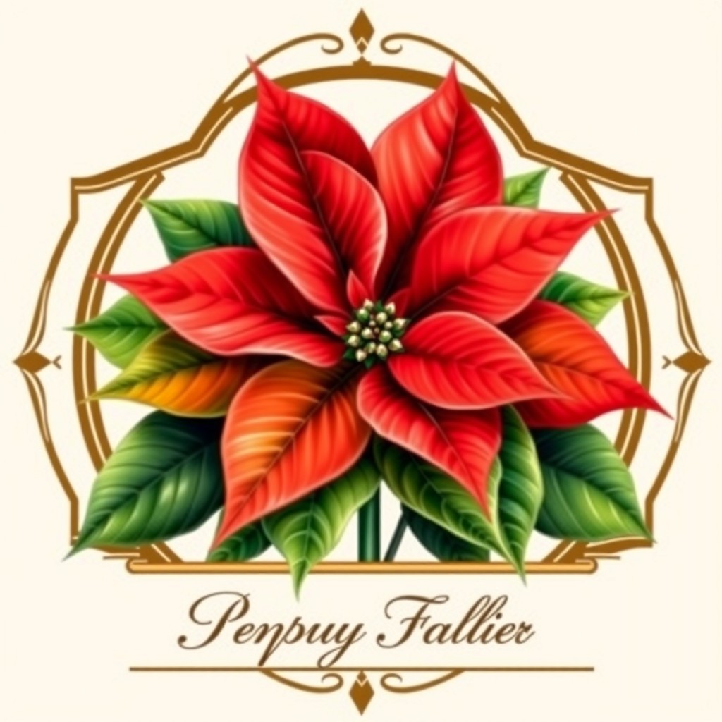 A beautifully designed label featuring a vibrant and realistic poinsettia flower in full bloom, with its iconic red and green foliage