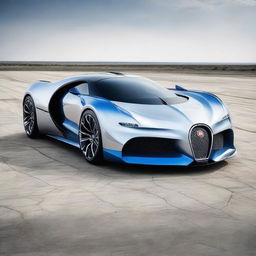 A fighter plane designed with Bugatti's sleek and stylish aesthetic, possessing aerodynamic lines, polished silvery exterior, blue accents, racing stripes, and Bugatti's trademark grille on the nose.