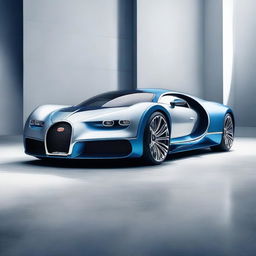 A fighter plane designed with Bugatti's sleek and stylish aesthetic, possessing aerodynamic lines, polished silvery exterior, blue accents, racing stripes, and Bugatti's trademark grille on the nose.