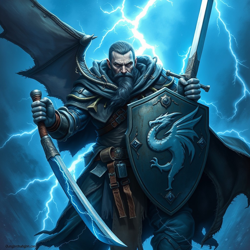 A powerful blue lightning dragonborn paladin from Dungeons and Dragons, depicted with a missing eye and numerous scars that tell tales of battles fought