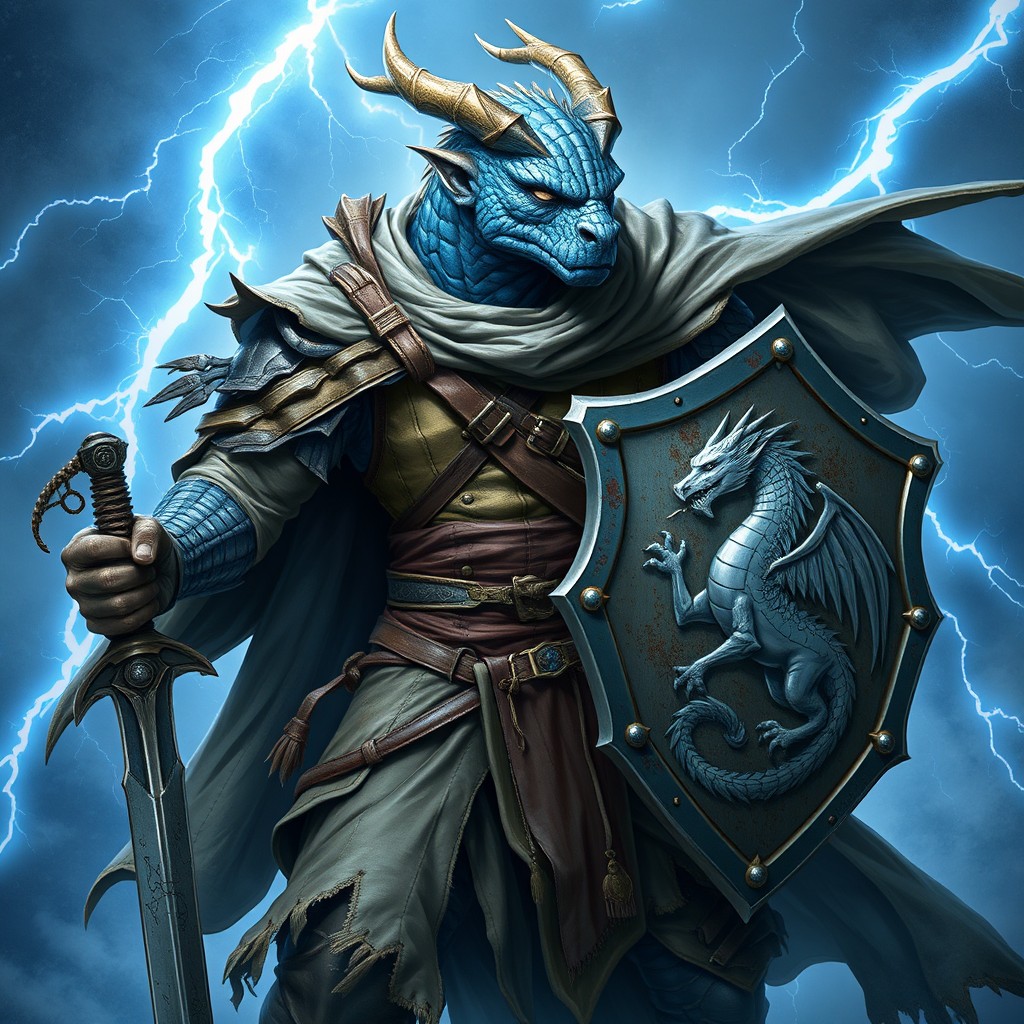 A robust blue lightning half-dragon humanoid paladin from Dungeons and Dragons, characterized by a missing eye and a myriad of scars that reflect his fierce battles