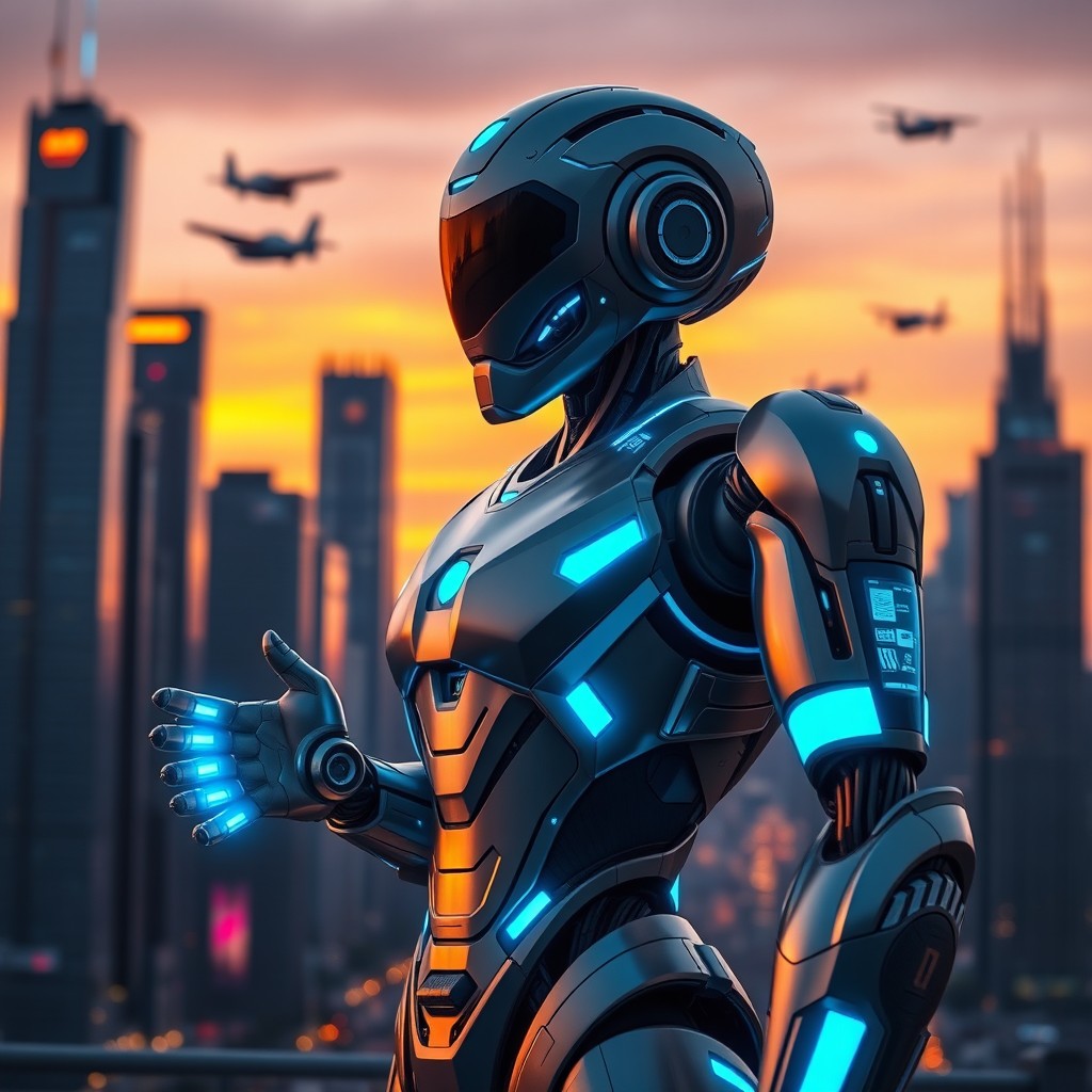 A futuristic humanoid robot standing in an advanced cityscape at sunset, featuring sleek metallic surfaces, glowing blue accents, and intricate circuitry designs