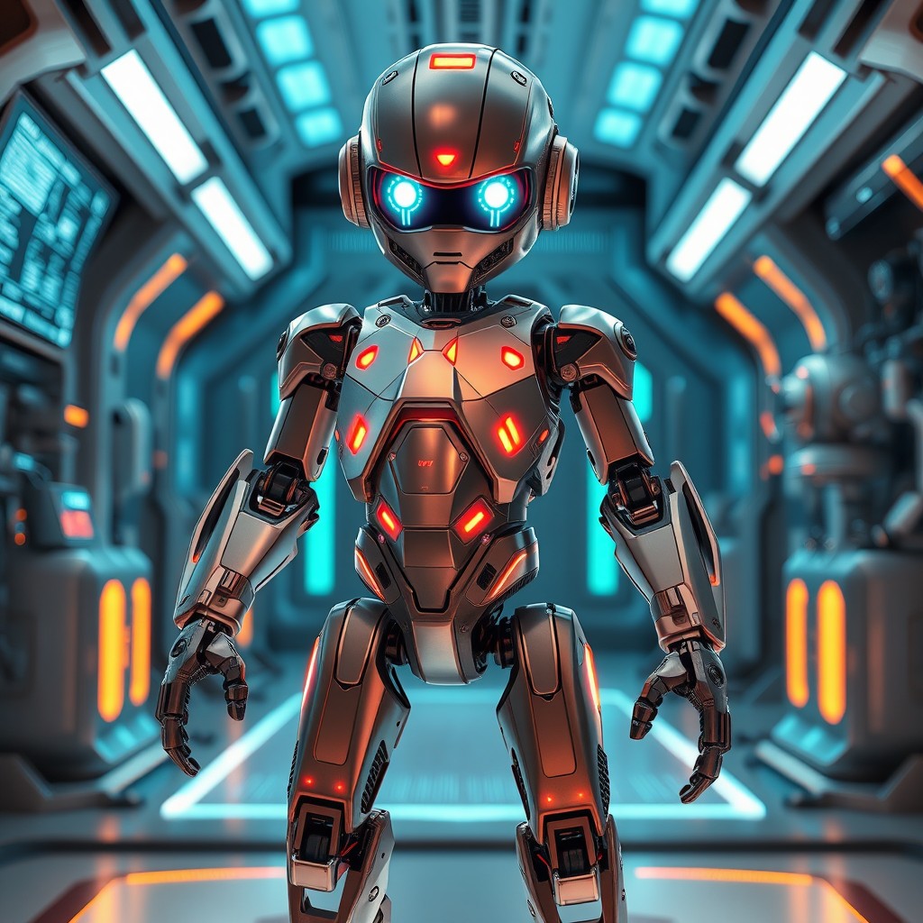 A detailed and futuristic robot standing in a sleek, high-tech environment, with glowing LED accents and intricate mechanical joints