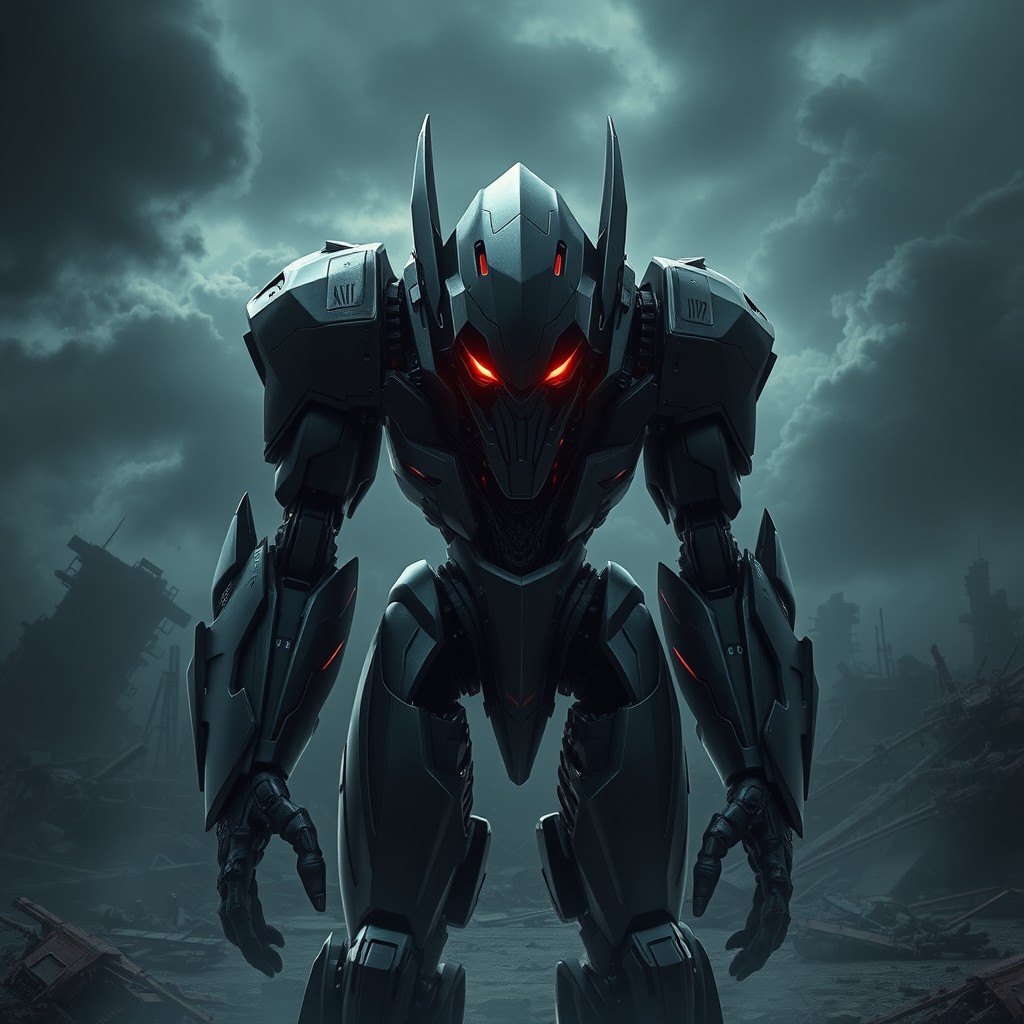 A menacing dark robot with a matte black finish, showcasing sharp angular features and glowing red eyes
