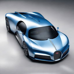 A fighter plane designed with Bugatti's sleek and stylish aesthetic, possessing aerodynamic lines, polished silvery exterior, blue accents, racing stripes, and Bugatti's trademark grille on the nose.