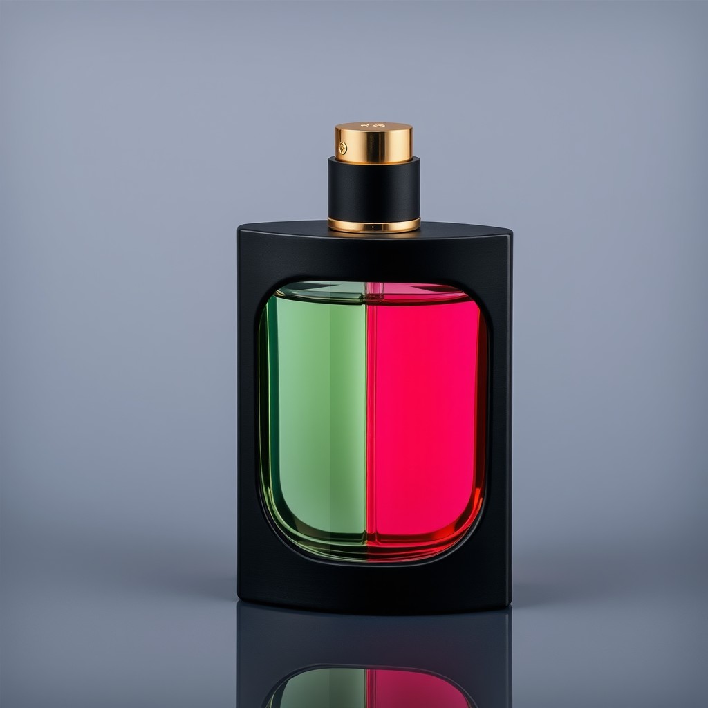 A sleek, cylindrical black perfume bottle with a matte finish, elegantly divided into 4 separate transparent chambers, each showcasing a different colored liquid: one in deep blue, another in vibrant green, a third in soft pink, and the last in bright amber