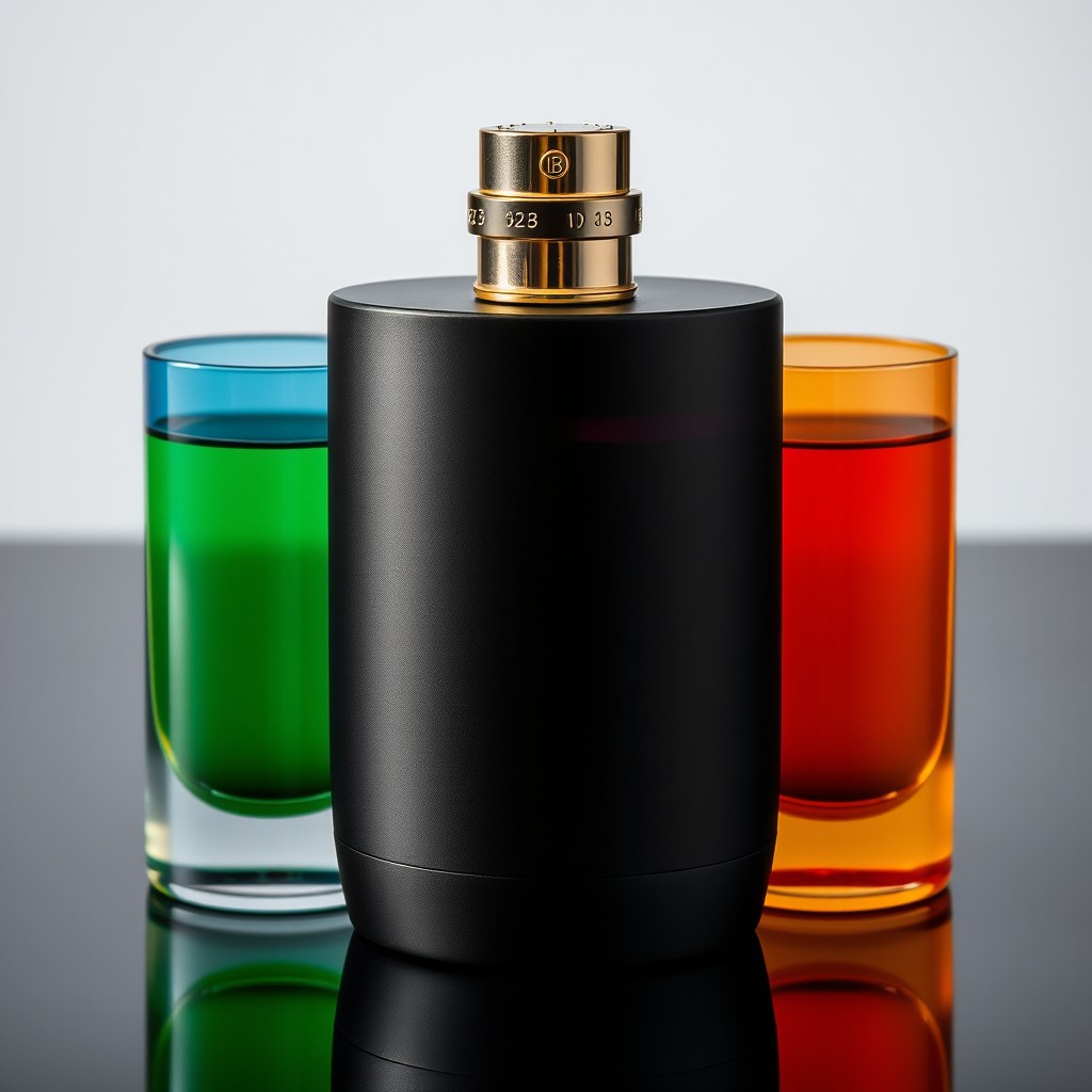 A sleek, cylindrical (fully round) black perfume bottle with a matte finish, elegantly divided into 4 separate transparent chambers, each showcasing a different colored liquid: one in deep blue, another in vibrant green, a third in soft pink, and the last in bright amber
