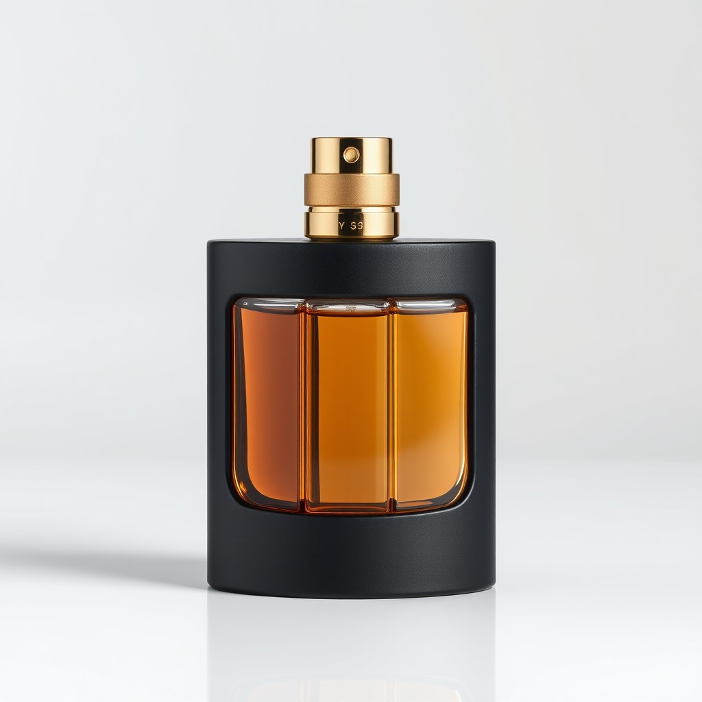 A sleek, cylindrical black perfume bottle with a matte finish, elegantly divided into 4 separate transparent chambers, each containing different shades of brown and yellow colored liquids reminiscent of luxurious perfumes