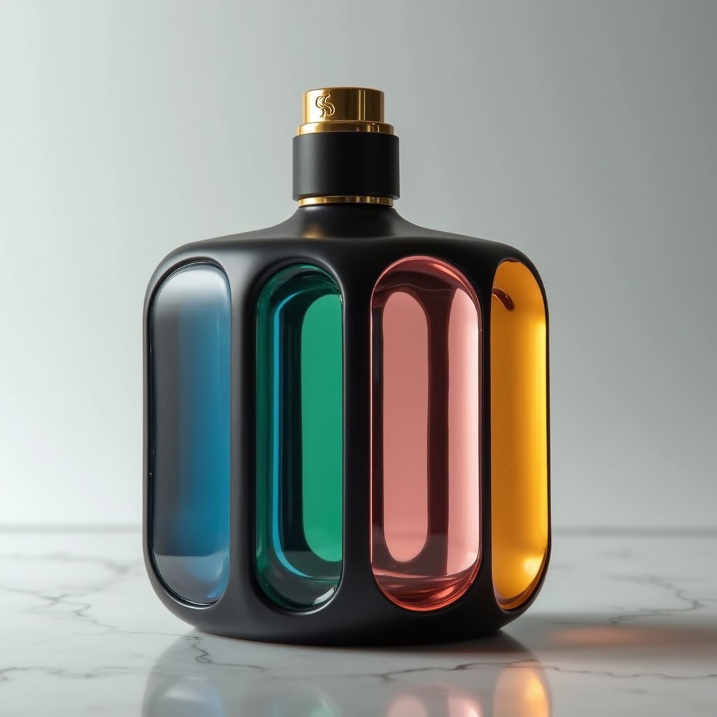A sleek, cylindrical black perfume bottle with a matte finish, elegantly divided into 4 separate transparent chambers, each showcasing a different colored liquid: one in deep blue, another in vibrant green, a third in soft pink, and the last in bright amber