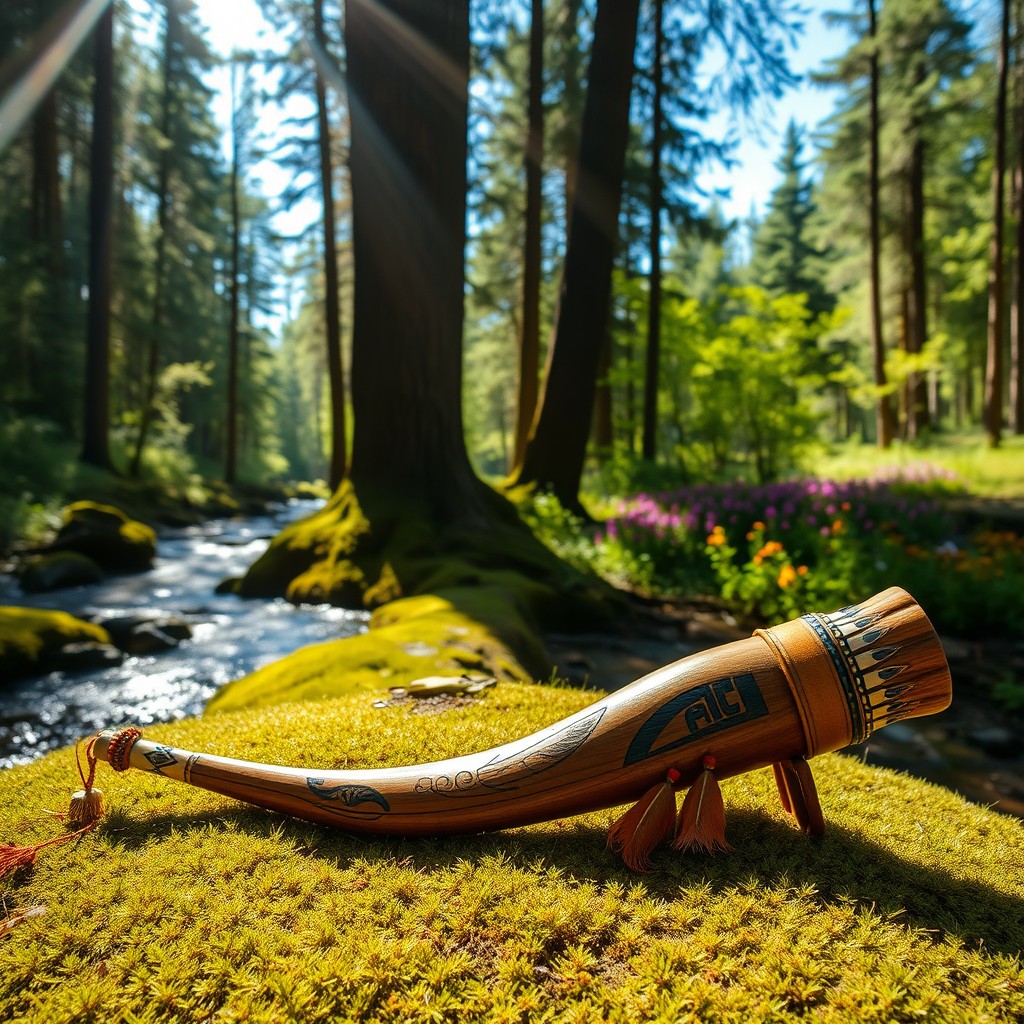 A beautifully crafted Calumet de la paix (peace pipe) displayed prominently in a serene natural setting