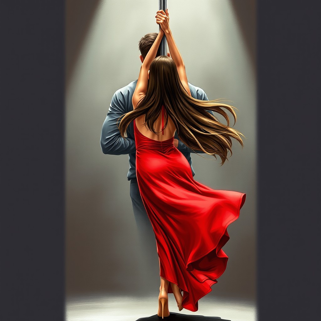 A book cover illustration featuring a woman in a striking red dress elegantly suspended in a pole dance pose