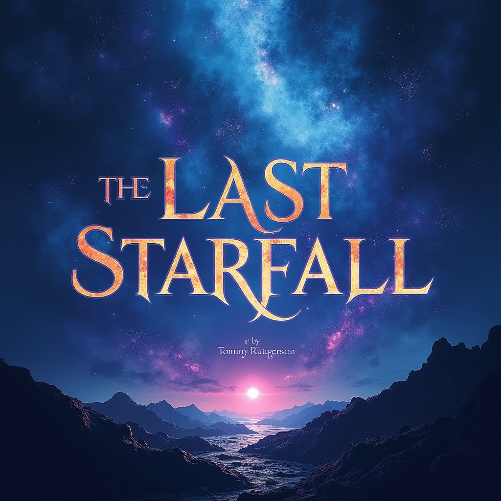 A captivating book cover design for "THE LAST STARFALL" showcasing an ethereal cosmic landscape with a blend of rich colors like deep blue, shimmering purple, and touches of radiant white