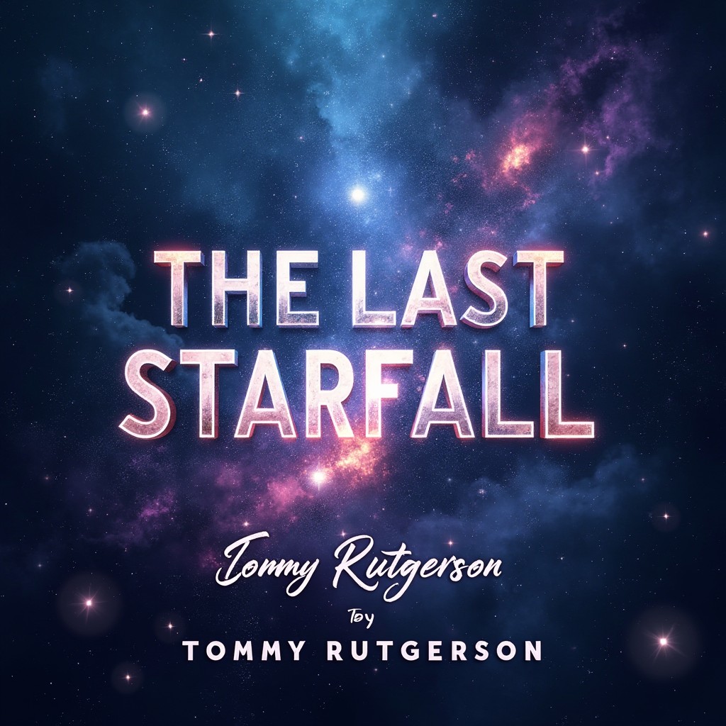 An eye-catching book cover design for "THE LAST STARFALL" that features a breathtaking cosmic scene with a backdrop of swirling galaxies, illuminated stars, and vibrant nebulas