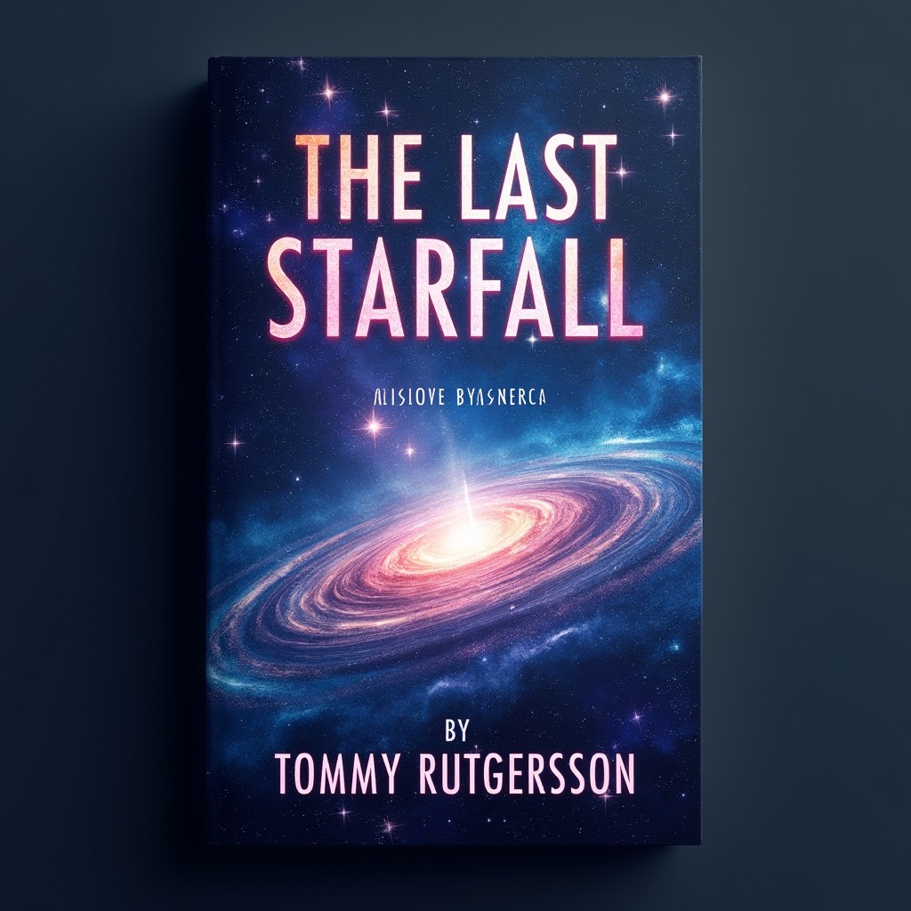 An engaging book cover design for "THE LAST STARFALL" that features a stunning cosmic scene with swirling galaxies and sparkling stars