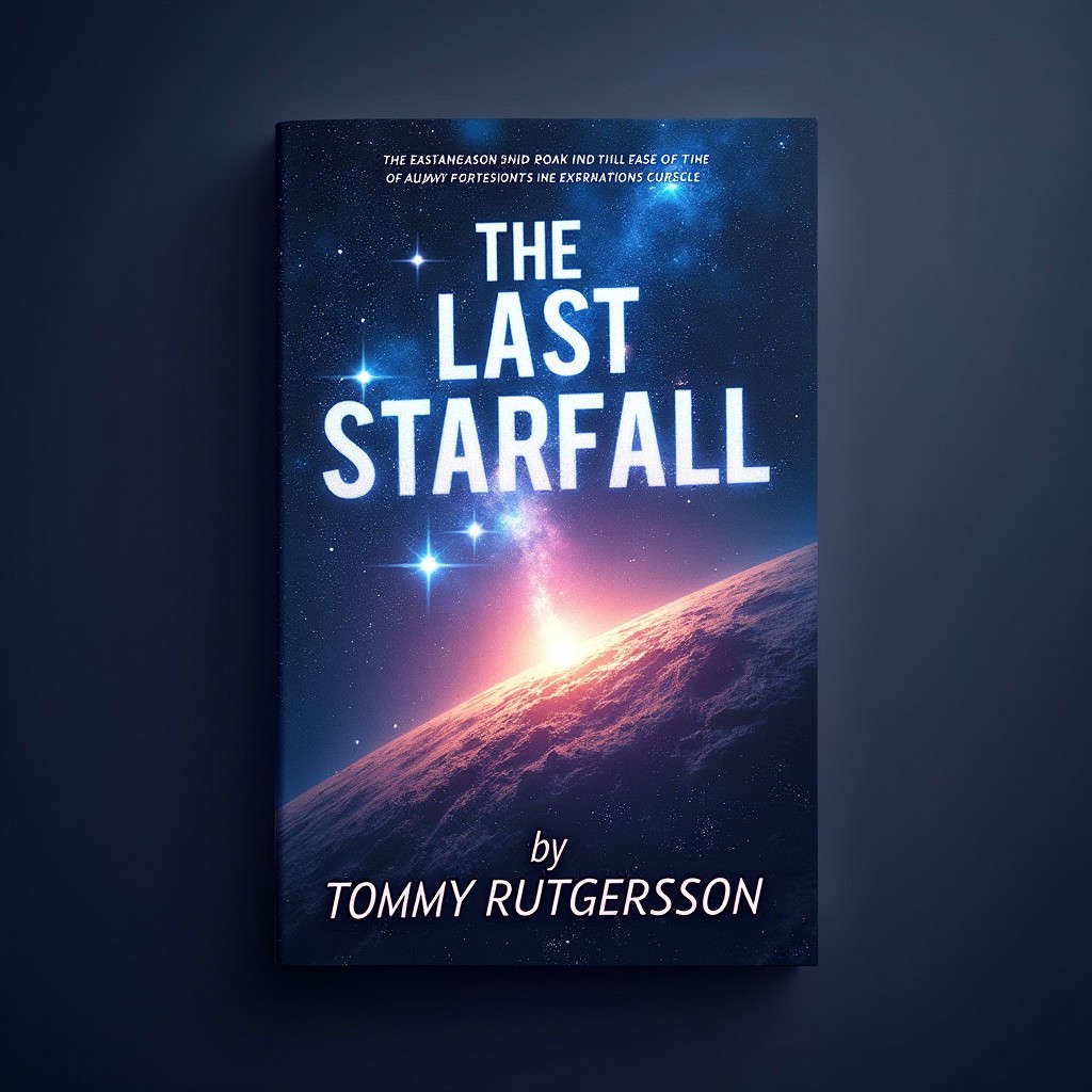 An engaging book cover design for "THE LAST STARFALL" featuring an expansive cosmic scene with swirling galaxies, bright stars, and colorful nebulas in the background