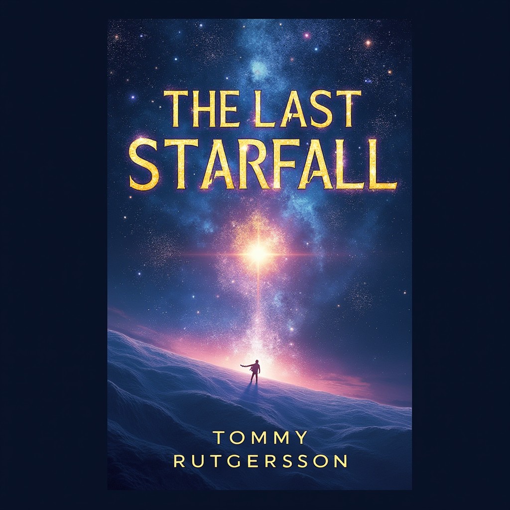 An enchanting book cover design for "THE LAST STARFALL" that features a captivating cosmic scene filled with swirling galaxies and sparkling stars