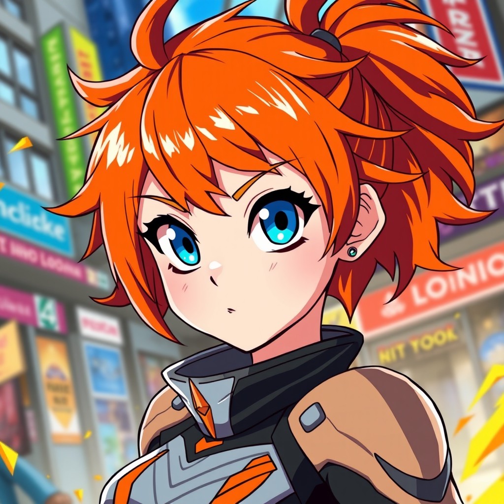 A character that embodies the features of a white girl with vibrant ginger hair styled in a dynamic, anime-inspired way, showcasing large expressive blue eyes characteristic of the My Hero Academia style