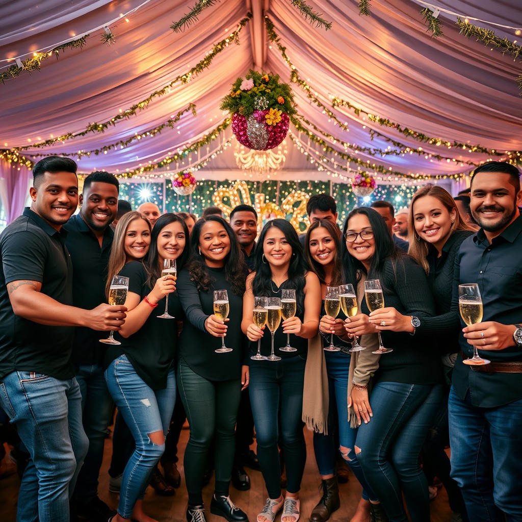 A diverse group of people of different ethnicities, dressed in black shirts and blue jeans, holding hands under a festive tent at a New Year's Eve party, surrounded by sparkling champagne and festive decorations