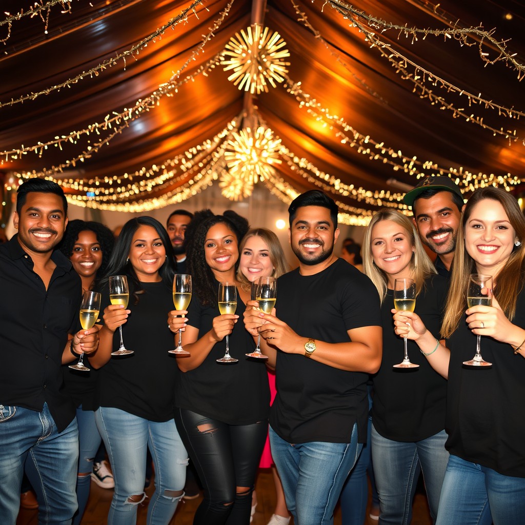 A diverse group of people of different ethnic backgrounds, dressed in black shirts and t-shirts with blue jeans, holding hands under a festive tent at a New Year's Eve party, surrounded by sparkling decorations and holding champagne glasses, smiles of joy and celebration on their faces, warm ambient lighting creating a cozy atmosphere