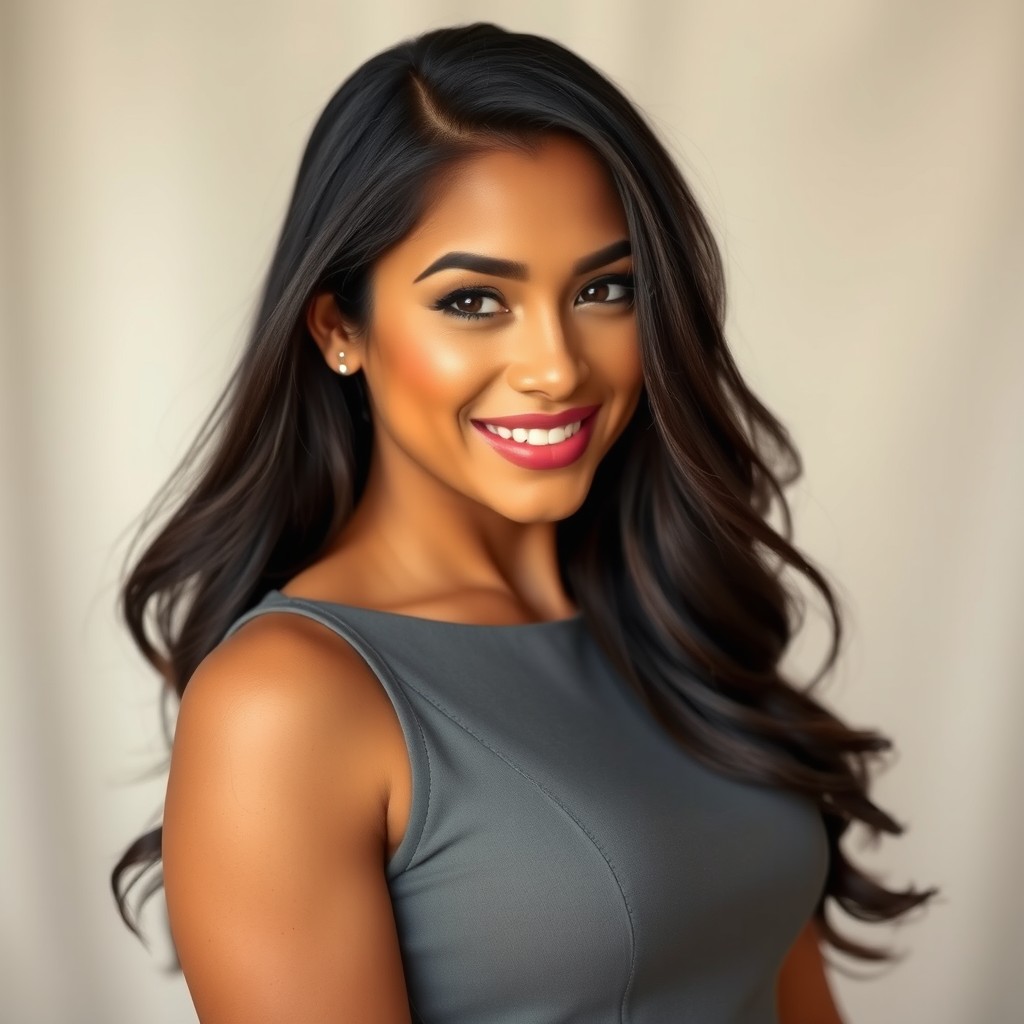 A beautiful Latina woman wearing a stylish gray dress, playfully winking at the viewer