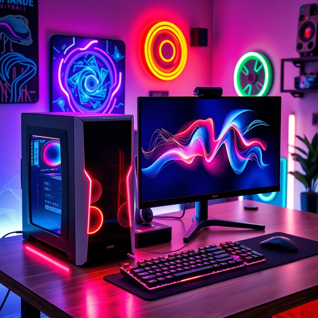 A modern and sleek computer setup featuring a high-end gaming desktop with LED lighting, an ultra-thin curved monitor displaying vibrant visuals, and a high-performance mechanical keyboard