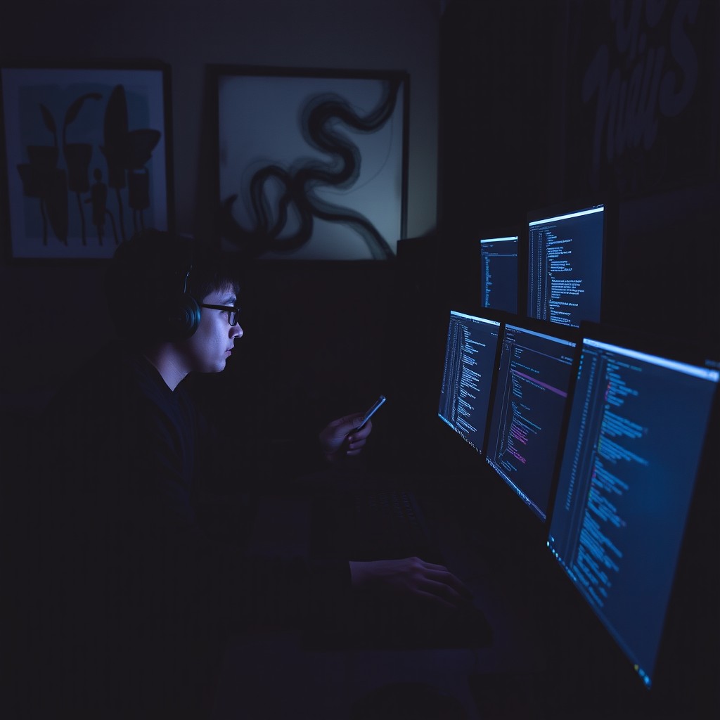 A dark-themed web designer working late at night, illuminated by the soft glow of multiple computer screens displaying intricate designs and code
