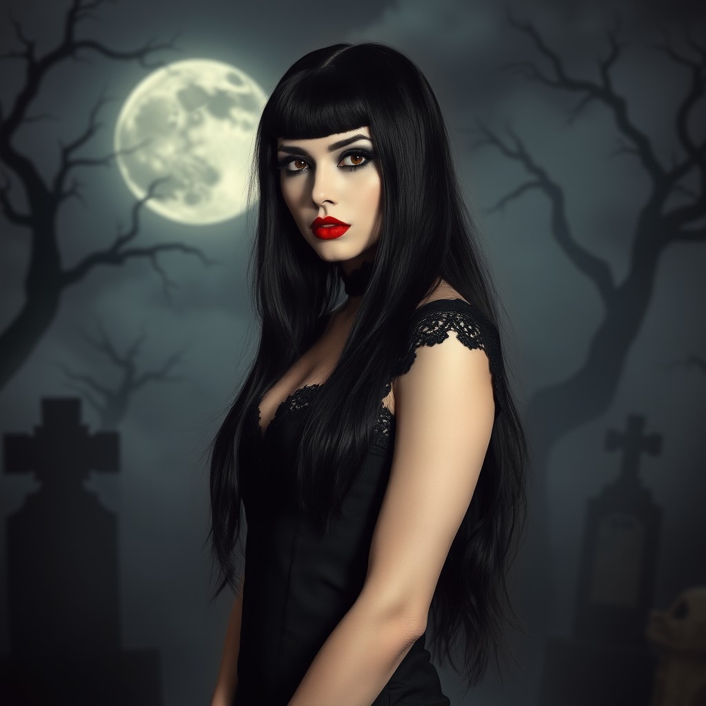 A portrait of a stunning dark gothic woman inspired by Vampira, with long black hair, sharp features, and a pale complexion