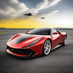 A fighter jet designed with Ferrari's characteristic features such as sleek red body, yellow emblem, and aerodynamic shape, embodying the essence of speed and luxury associated with Ferrari.