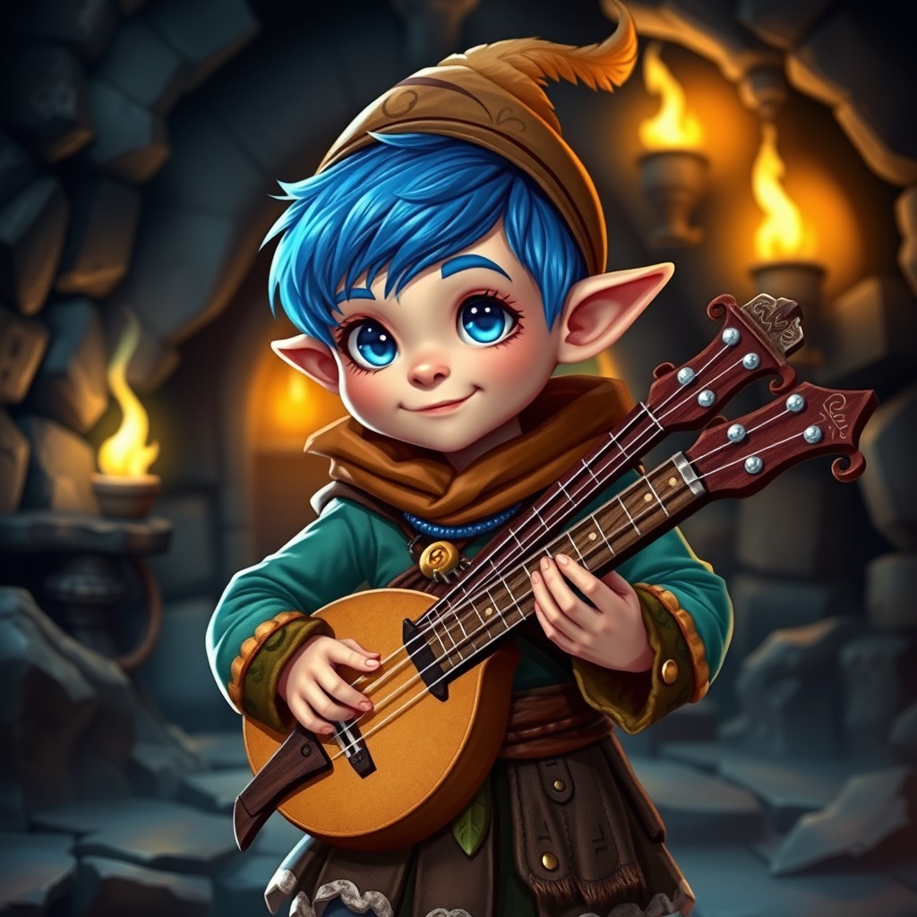 A charming Halfling Bard with striking blue eyes and vibrant short blue hair, dressed in colorful bardic clothing that reflects a whimsical and adventurous spirit