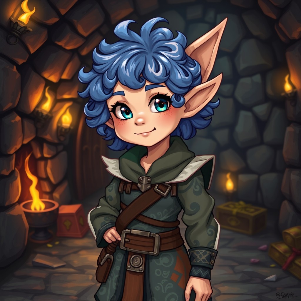 A female Halfling character with short curly blue hair and captivating blue eyes, exuding a sense of adventure and charisma
