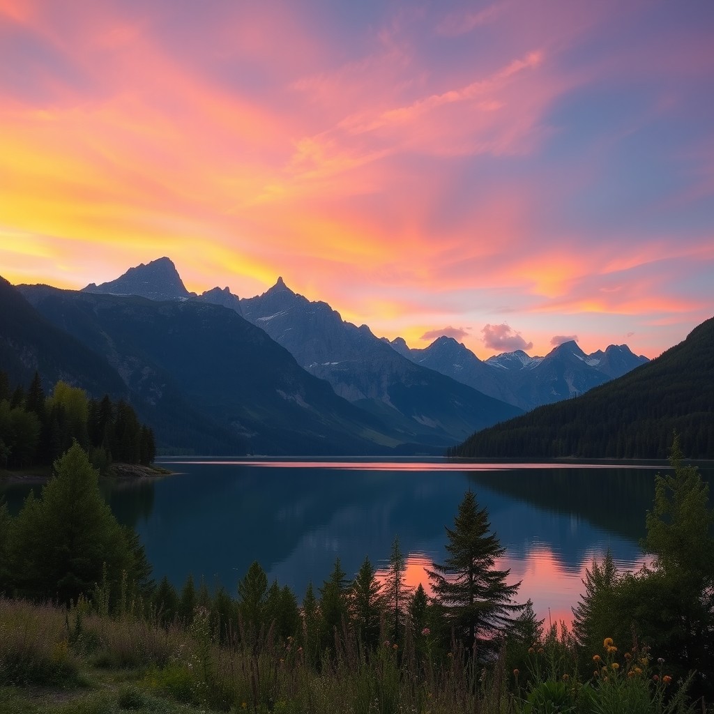 A serene landscape depicting a tranquil lake surrounded by majestic mountains at sunset