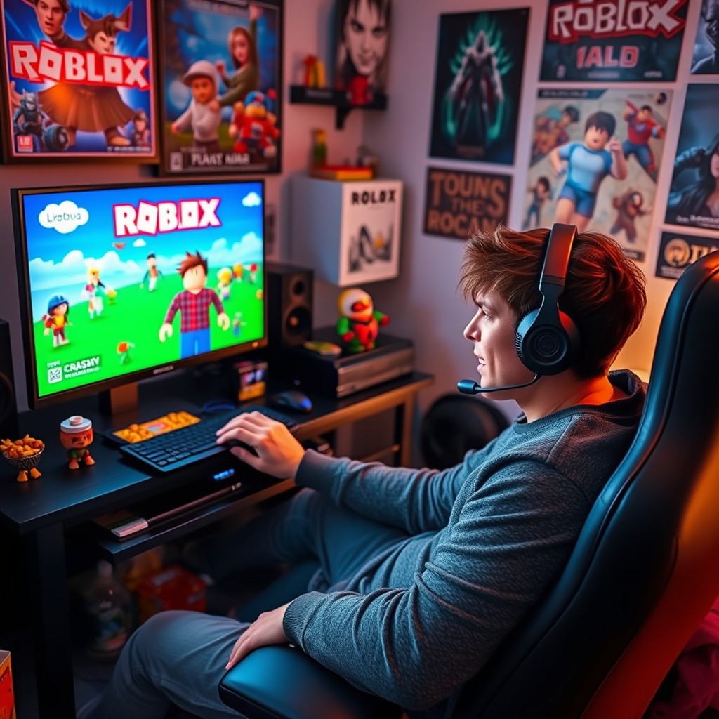 A person deeply engrossed in playing Roblox, sitting in a cozy gaming setup with a computer screen displaying vibrant, colorful Roblox avatars and environments