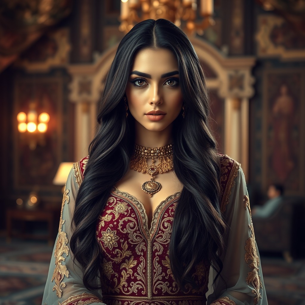 A beautiful Arabic woman with long, flowing dark hair, wearing an elaborate traditional dress adorned with intricate embroidery and golden embellishments
