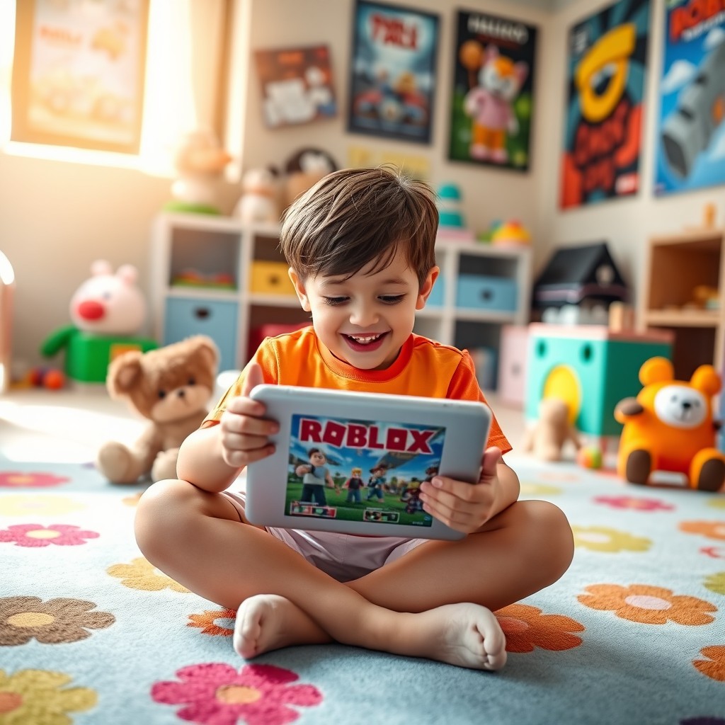 A young child joyfully playing Roblox on a tablet, sitting cross-legged on a colorful carpet with bright, fun patterns