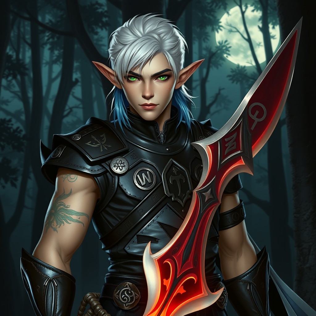 A male eladrin blood hunter character for Dungeons and Dragons, featuring pointed ears, mystical green eyes, and striking white hair that fades to blue at the ends