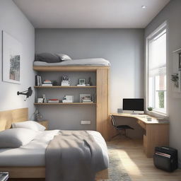 A 12.8 m² rectangular, loft-style bedroom with a double bed to the left, a TV opposite the bed, a desk with a Macbook and a monitor adjacent to the bed, and a bedside table or shelf.