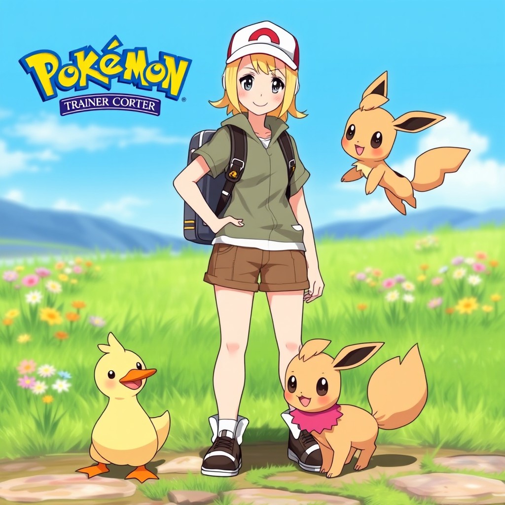 Blonde Pokémon Trainer with Psyduck and Eevee