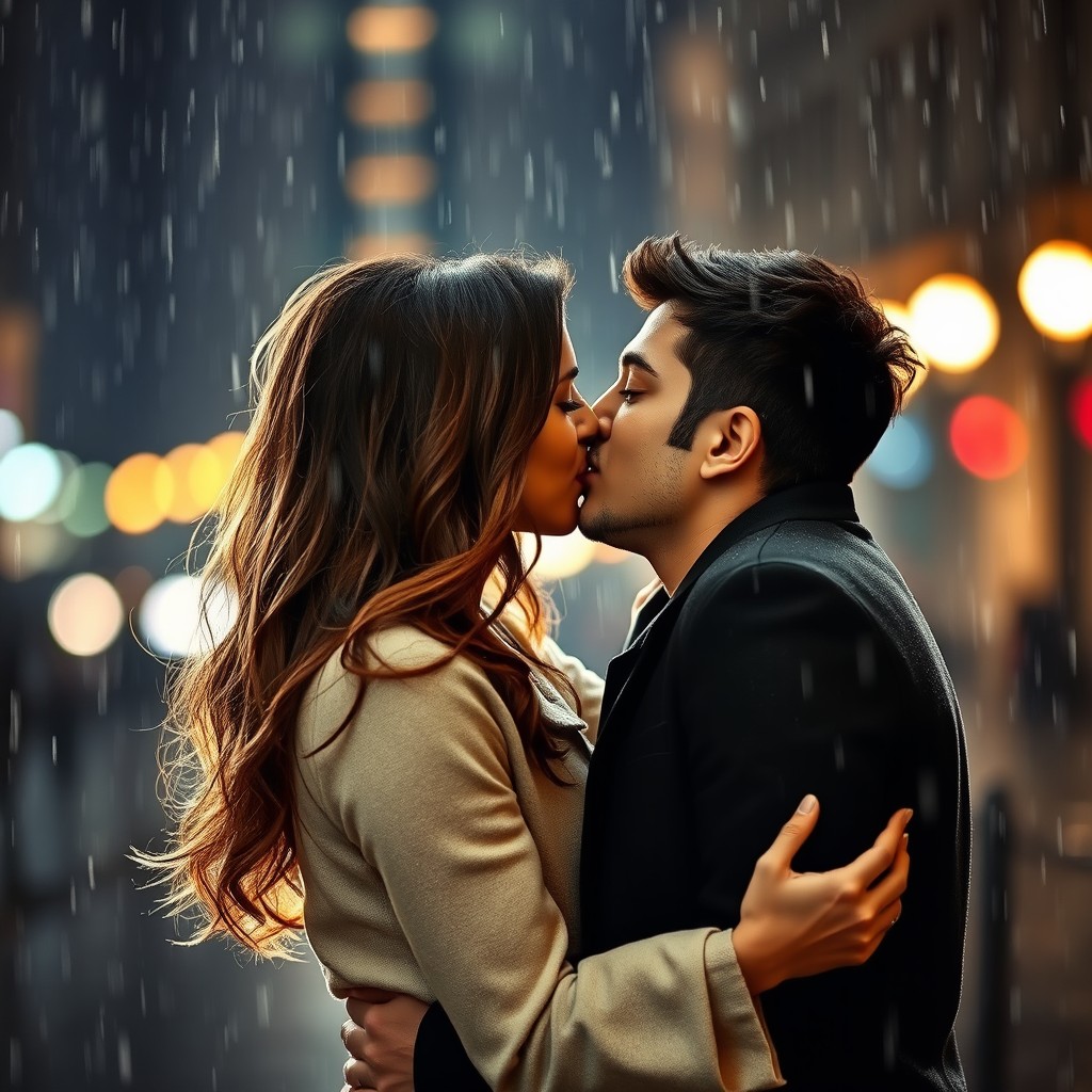 A romantic couple passionately kissing under the rain, their embrace filled with emotion and love