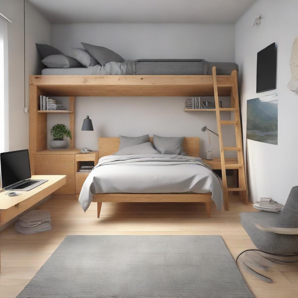 A 12.8 m² rectangular, loft-style bedroom with a double bed to the left, a TV opposite the bed, a desk with a Macbook and a monitor adjacent to the bed, and a bedside table or shelf.