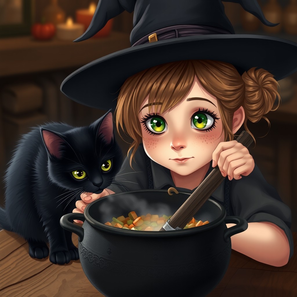 A young witch wearing a black hat, with green eyes and a freckled face, has light brown hair gathered in a messy bun
