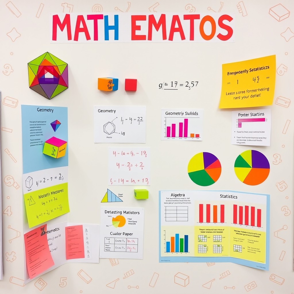 A bright and engaging mathematics project display board showcasing various mathematical concepts like geometry, algebra, and statistics