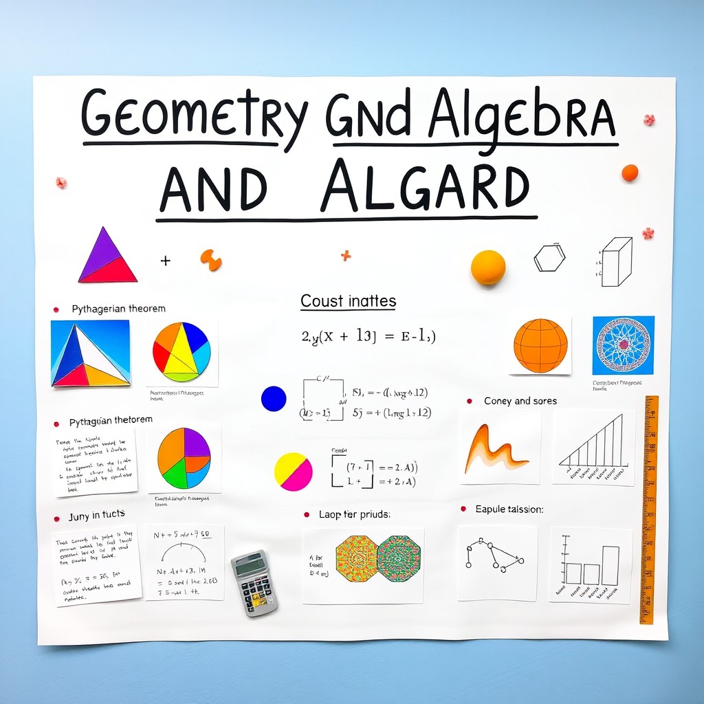 A visually engaging presentation board for a mathematics project, featuring colorful geometric shapes, equations, and graphs