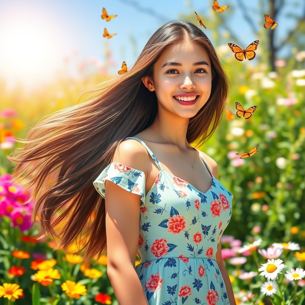 A young woman with long flowing hair, wearing a stylish summer dress, standing in a vibrant flower garden
