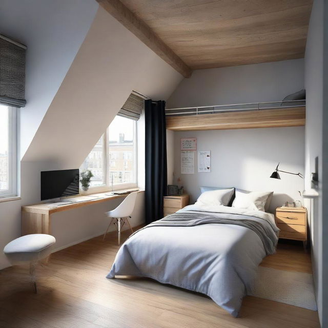 A 12.8 m² rectangular, loft-style bedroom with a double bed to the left, a TV opposite the bed, a desk with a Macbook and a monitor adjacent to the bed, and a bedside table or shelf.