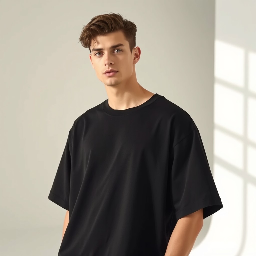 A young man wearing an oversized, heavyweight black t-shirt, posed in a minimalist studio setting