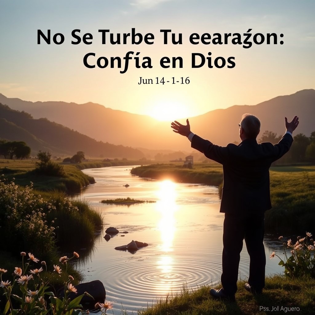 A serene and uplifting scene inspired by the biblical verse "No Se Turbe Tu Corazón: Confía en Dios" from Juan 14 1-6, featuring a peaceful landscape at dawn with soft light illuminating a tranquil river flowing through a lush valley