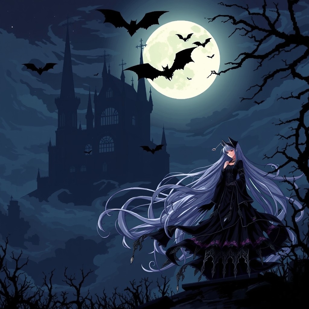 A captivating gothic anime scene depicted in pixel art style